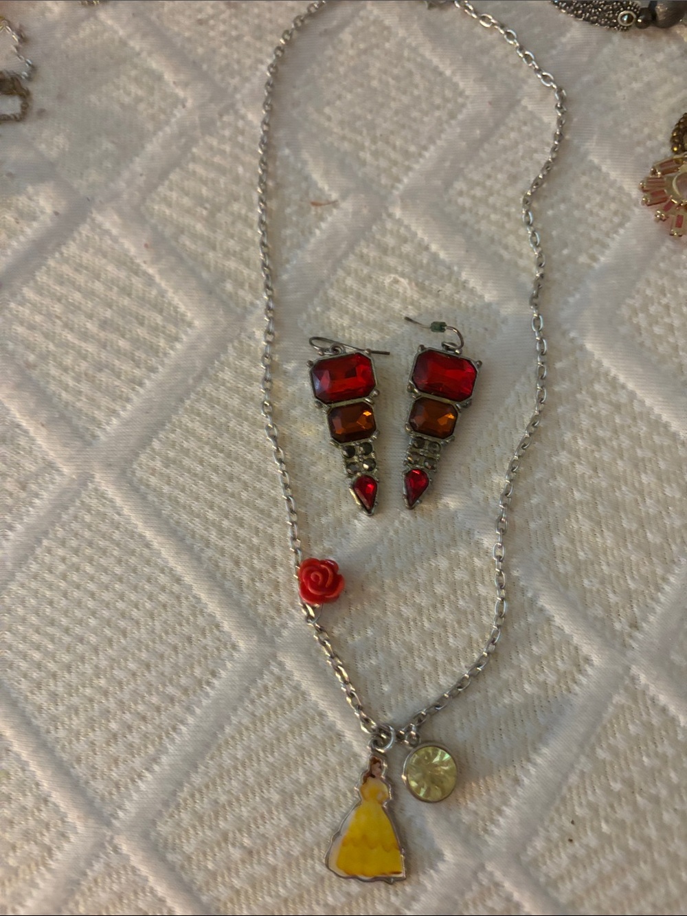 Yellow Dress Charm Necklace with Red Rose Accent